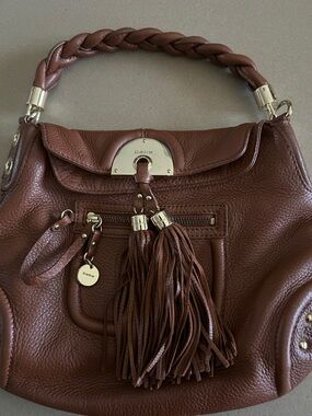 bebe Brown Braided-Handle Leather Hobo with Tassel